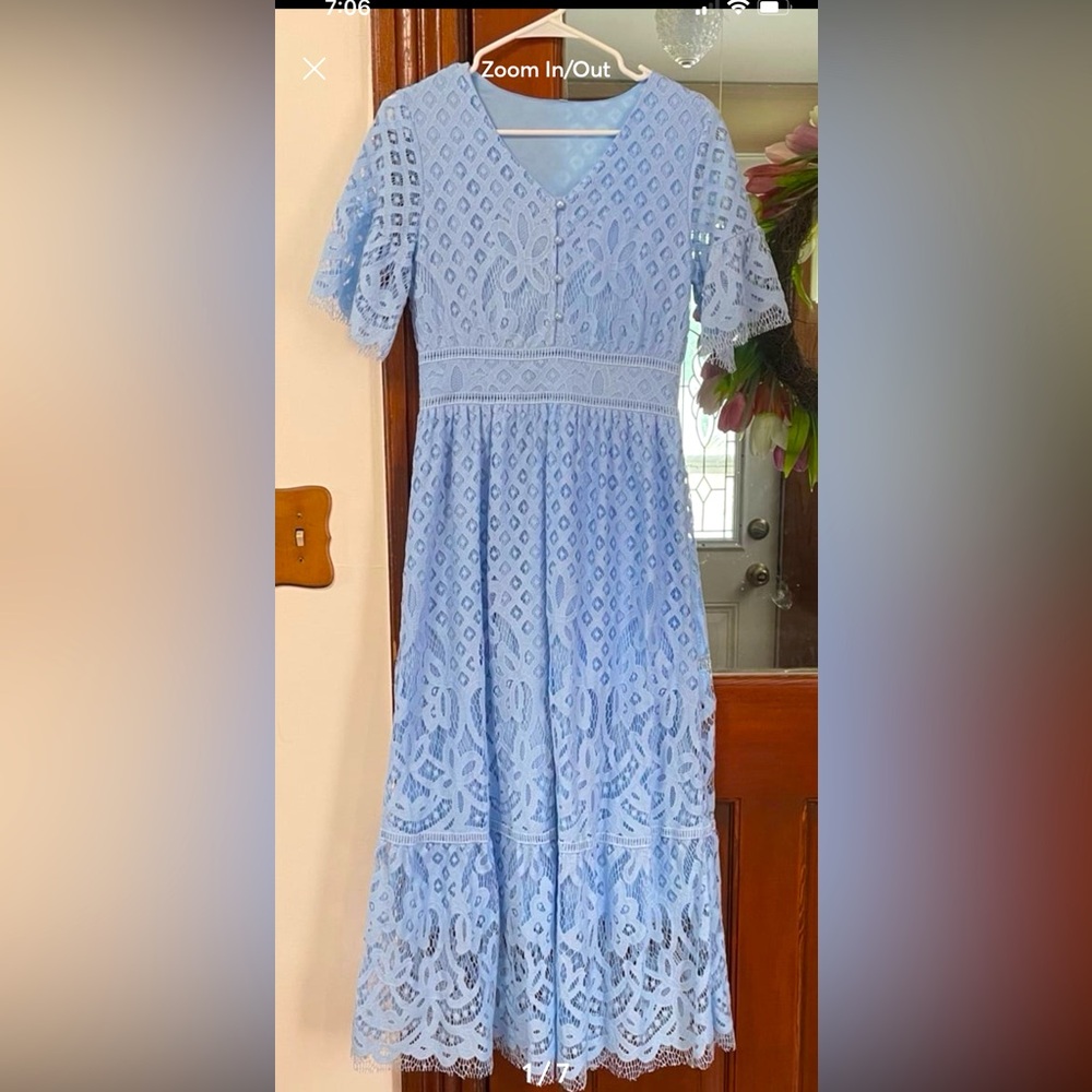 Womens Blue Lace Dress with Pearl-like Closure